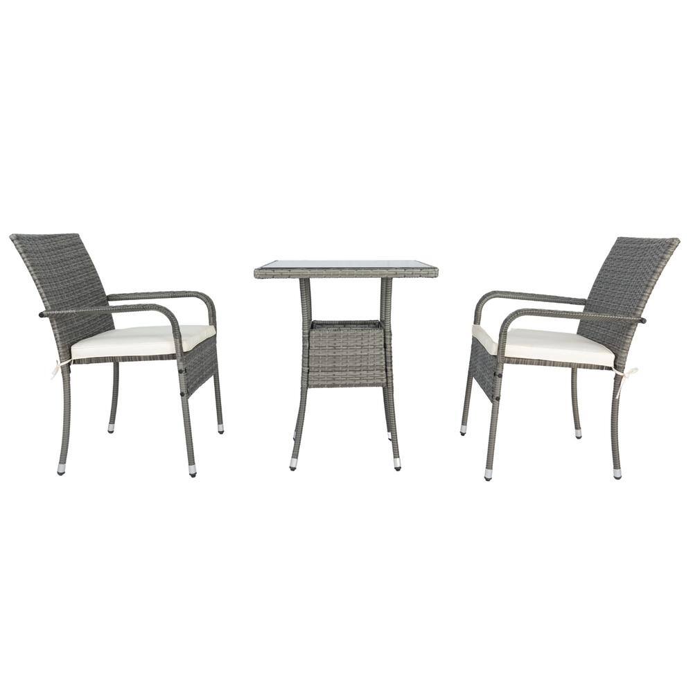 3-Piece Gray Steel and Wicker Patio Set with Beige Cushions