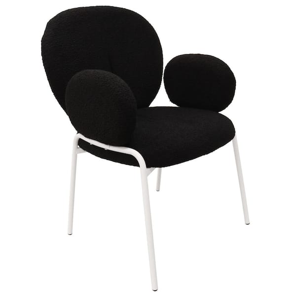Leisuremod Celestial Modern Boucle Dining Chair with Arms in White Powder Coated Iron Frame, Black