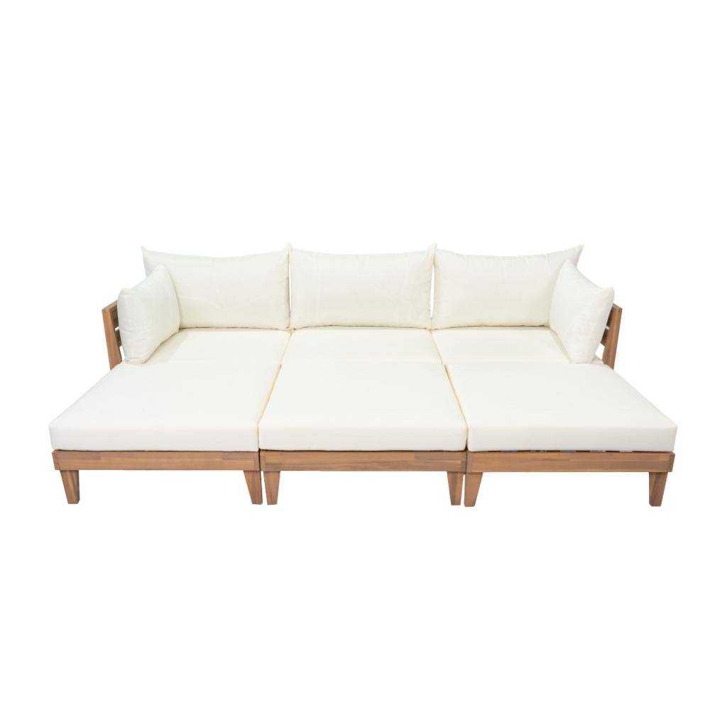 Outdoor Large 96.3" W Daybed Acacia Wood 6-Piece Patio Sofa Set with 5 Pillows and 6 Cushions