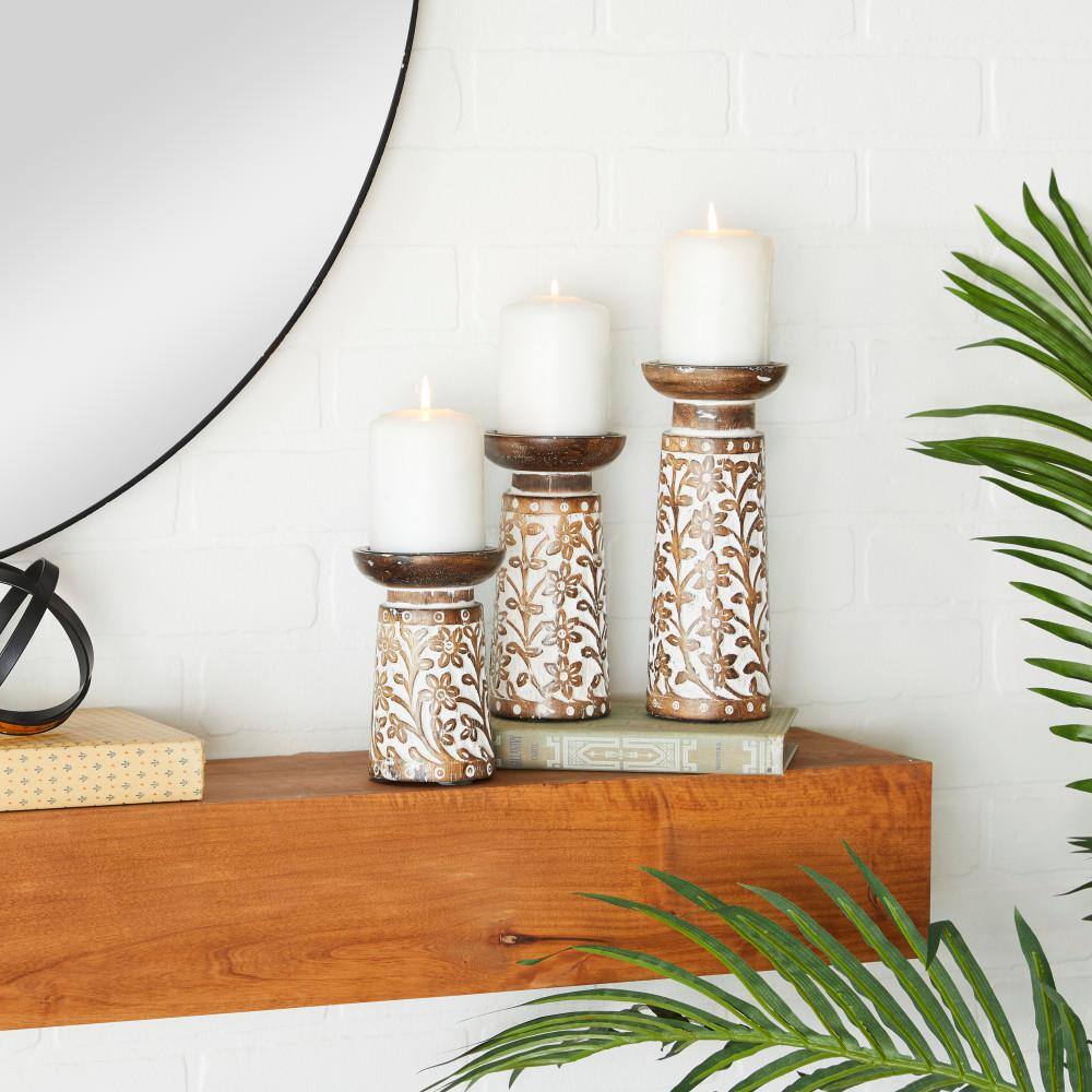 Coastal Charm Mango Wood Carved Pillar Candle Holders, Set of 3