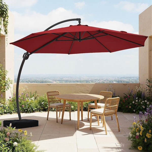 canvas madrid offset patio umbrella with base red 11-ft JEAREY 11 ft. Outdoor Cantilever Offset Umbrella Patio Umbrella with  Sandbag and Cover in Red WTS11-RD