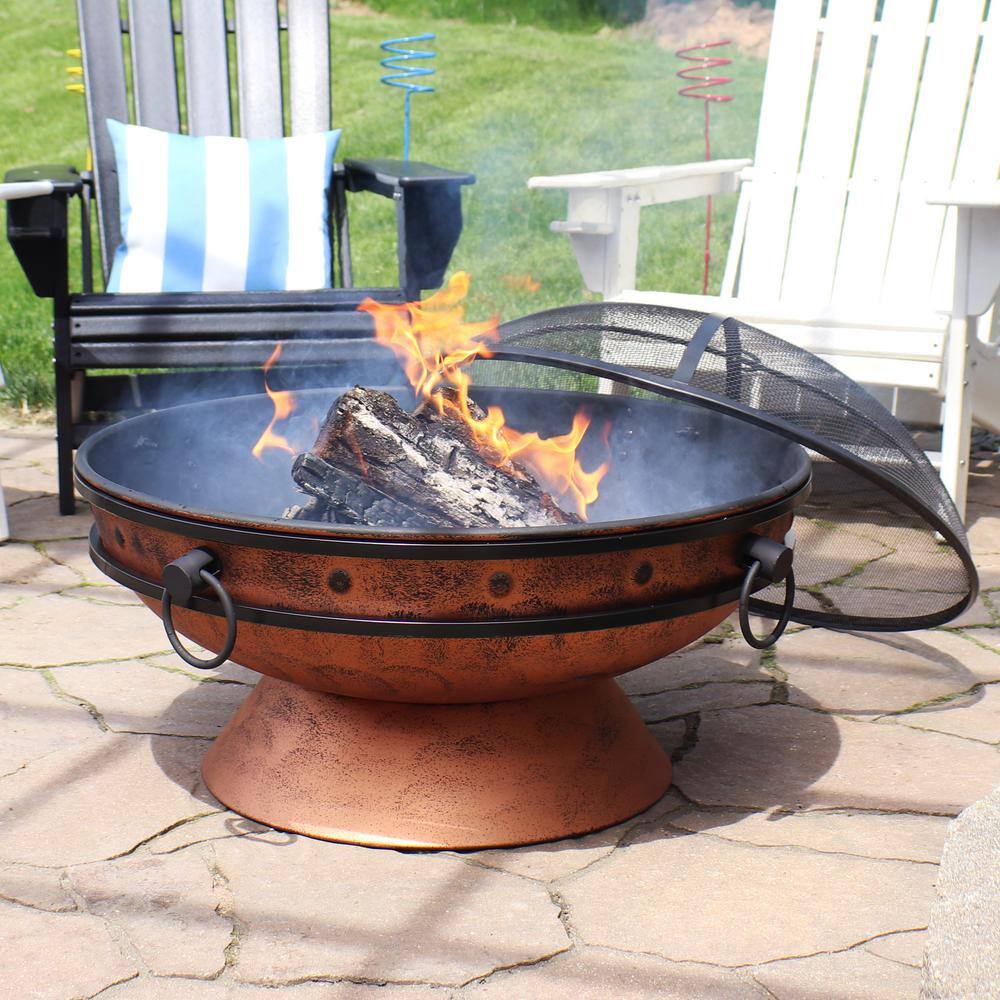 Copper Finish 30-Inch Round Wood-Burning Fire Pit with Handles