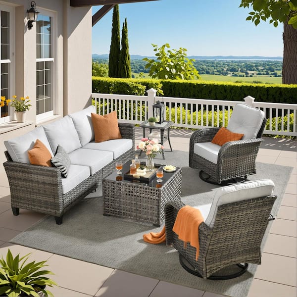 Audrey Gray 5-Piece Wicker Outdoor Patio Modern Conversation Sofa Seating Set with Ottomans and Light Grey Cushions