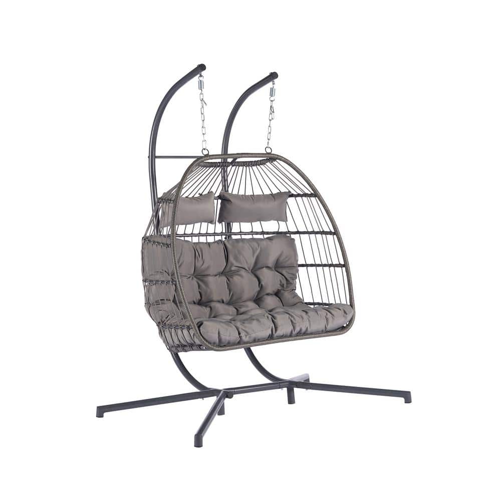 2-Person Outdoor Rattan Hanging Chair Patio Wicker Egg Chair with Sofe Cush