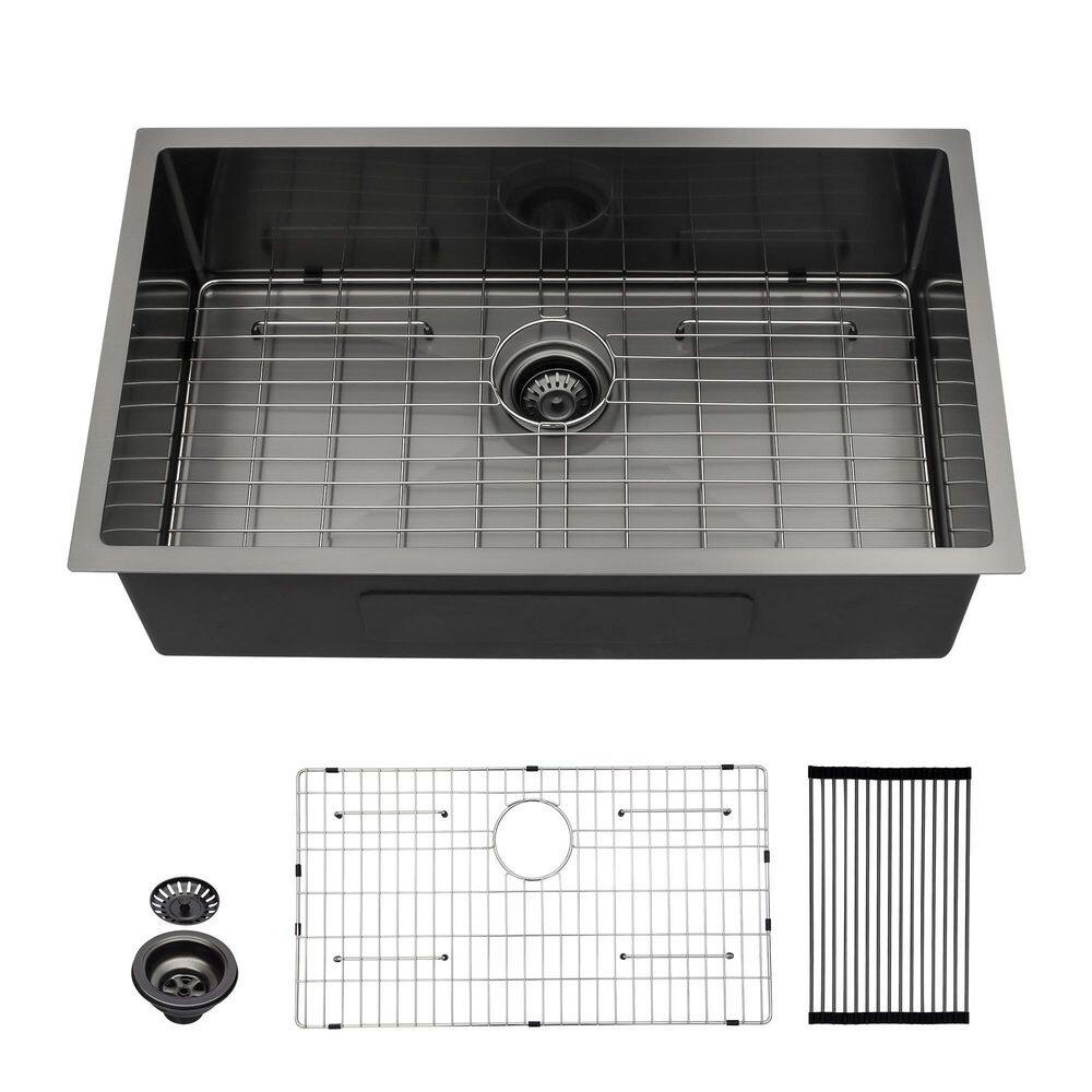 28 in. x 18 in. Gunmetal Black Undermount Single Bowl 16-Gauge Stainless Steel Kitchen Sink with Bottom Grid price history on PriceWatchPro