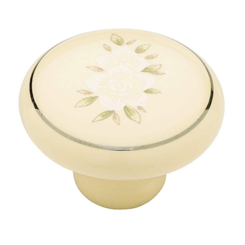 Ceramic Floral 1-1/4 in. (32mm) Ivory Round Cabinet Knob