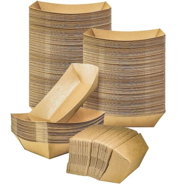 100-Pack 6 in. W x 1.7 in. H x 3.7 in. D Brown Paper Food Trays, Paper Food Boat, Disposable Serving Basket Tray