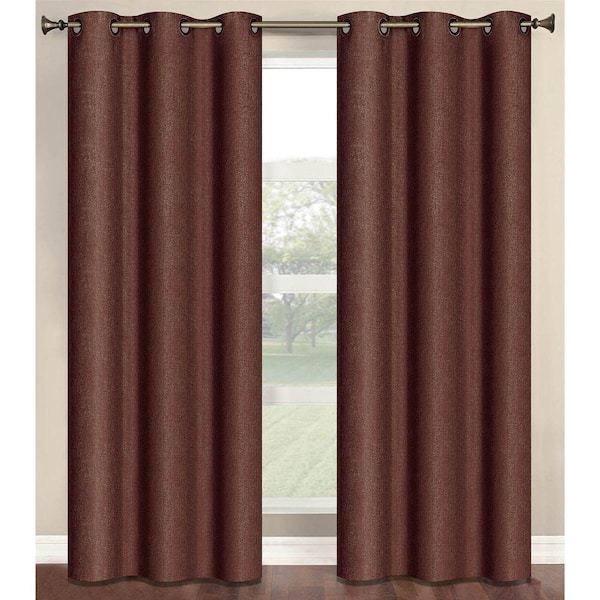 Bella Luna Semi-Opaque Marina Faux Linen 84 in. L Room Darkening Grommet Curtain Panel Pair, Chocolate (Set of 2)