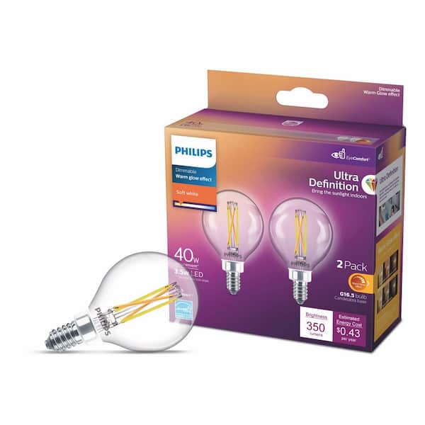 Philips 40-Watt Equivalent Ultra Definition G16.5 Clear Glass Dimmable E12 LED Light Bulb Soft White Warm Glow 2700K (2-Pack)