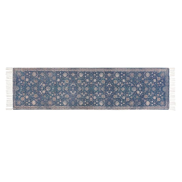 Jessica Simpson Chinille Fringe Machine Washable Blue 2 ft. x 6 ft. Floral Runner Rug