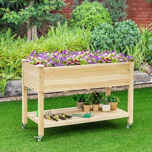 33 in. Natural Wood Planter Bed with Lockable Wheels Shelf and Liner