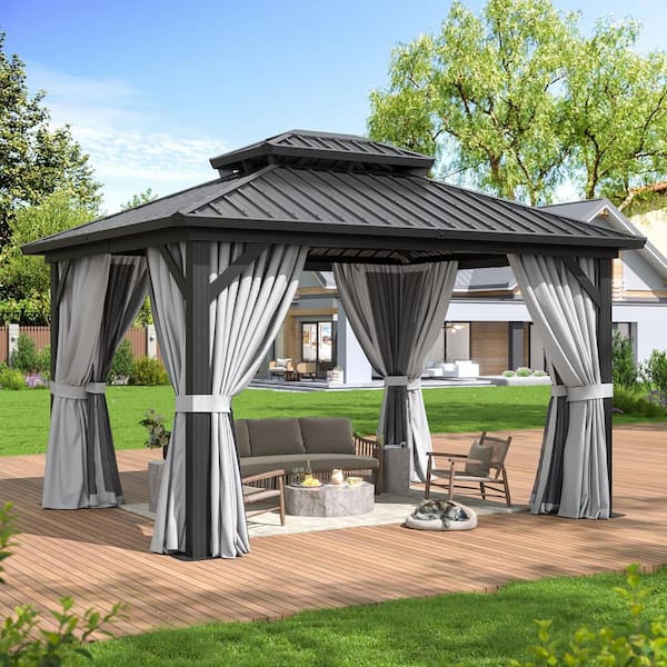 10 ft. x 12 ft. Outdoor Dual-Layer Galvanized Steel Gazebo with Netting and Curtains for Garden, Patio, Lawns