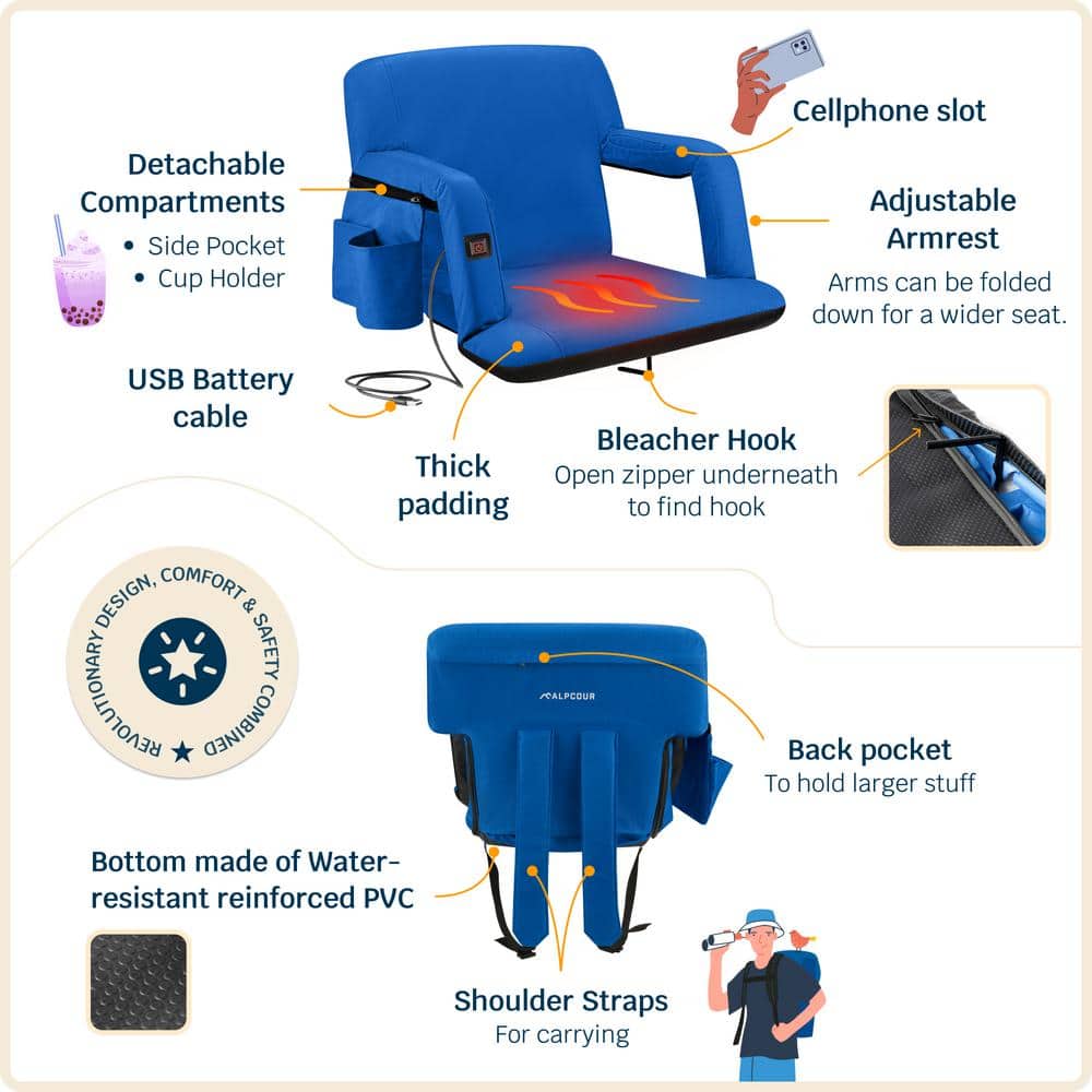 Royal Blue Heated Reclining Stadium Seat with Armrests