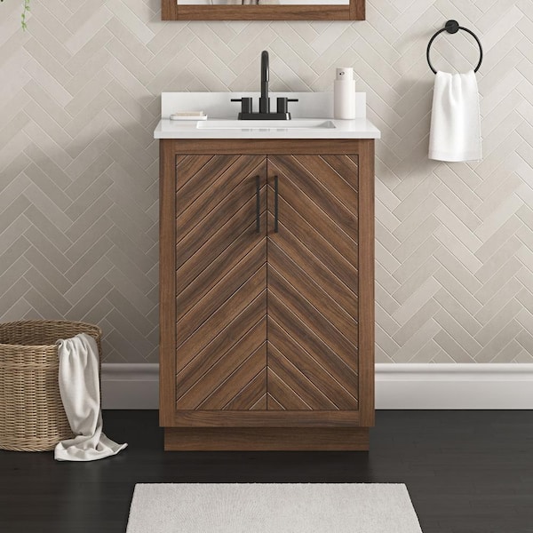 Glacier Bay Huckleberry 24 in. W x 19 in. D x 34 in. H Single Sink Bath Vanity in Spiced Walnut with White Engineered Stone Top