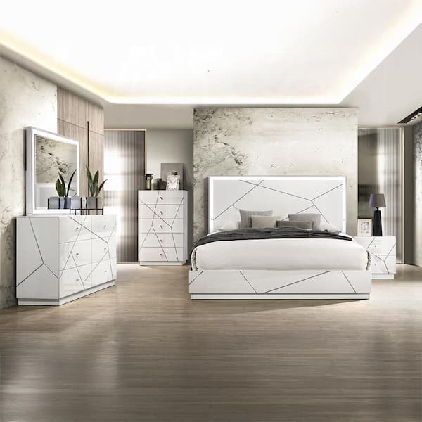 Acme Furniture Riley White and Silver High Gloss Wood Frame