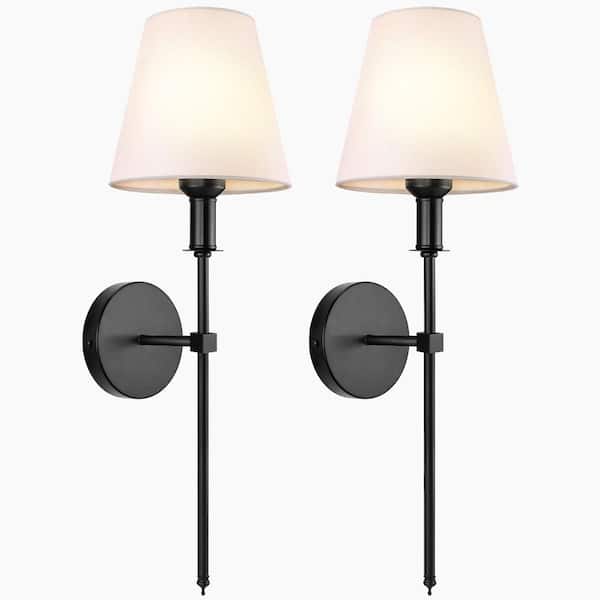 Set of 2 Retro Industrial Wall Sconce Light Fixtures with White Fabric Shades 6.5 in x 6.3 in x 22