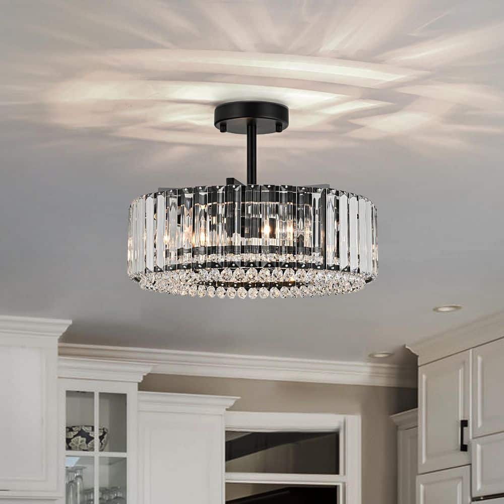 Orillia 15.74 in. 4-Light Contemporary Drum Black Semi Flush Mount Ceiling Light with Crystal Shade price history on PriceWatchPro