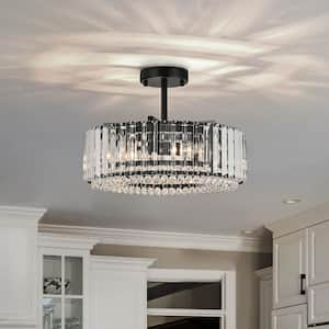 Orillia 15.74 in. 4-Light Contemporary Drum Black Semi Flush Mount Ceiling Light with Crystal Shade