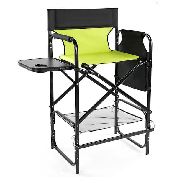 31 in. Neon Green Iron Pipe Folding Director Chair with Built-in Cup Holder, Side Table, Storage Pocket