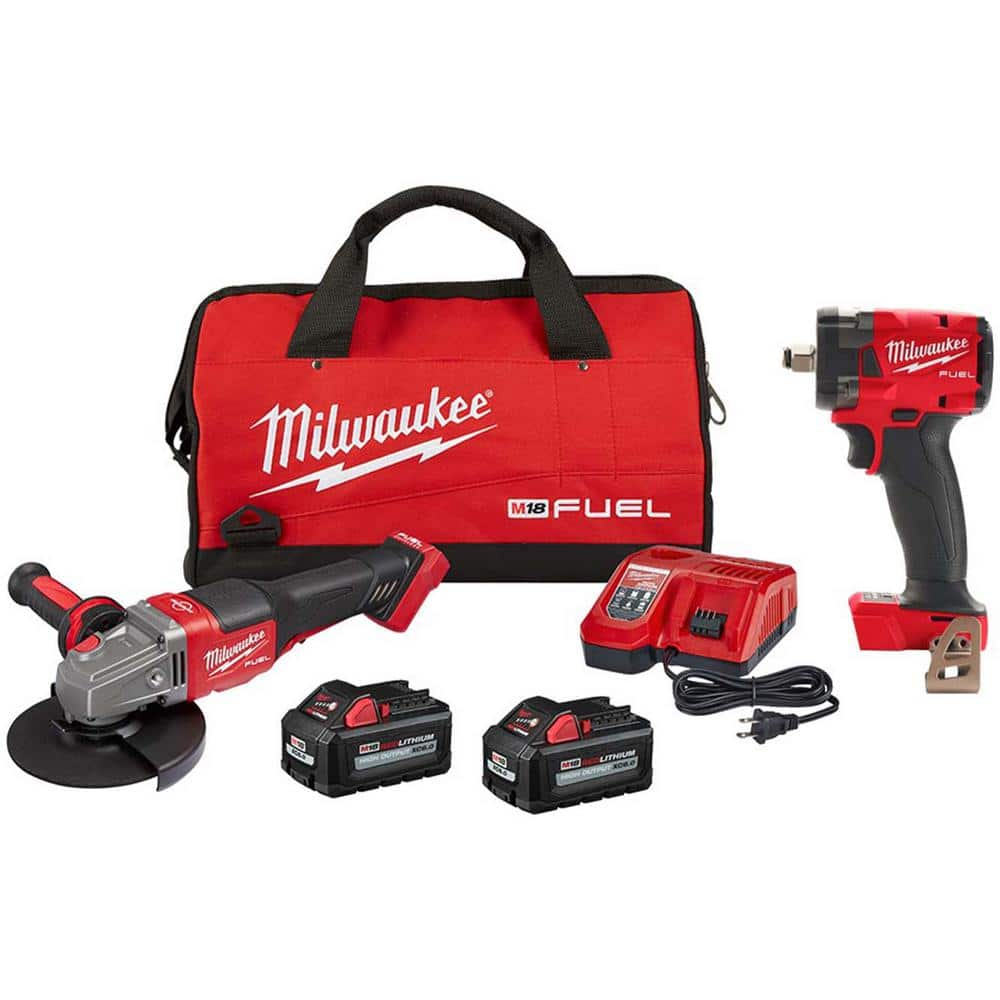 M18 FUEL 18V Lithium-Ion Brushless Cordless 4-1/2/6 in. Grinder, Paddle Switch Kit, 1/2 in. Impact Wrench & 2 Batteries -  Milwaukee, 2980-22-2855