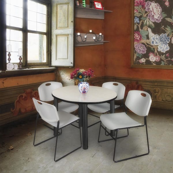 Kee 36 in. Maple Top Round Breakroom Table Desk, Black Legs, 4 Zeng Stack Chairs-Grey