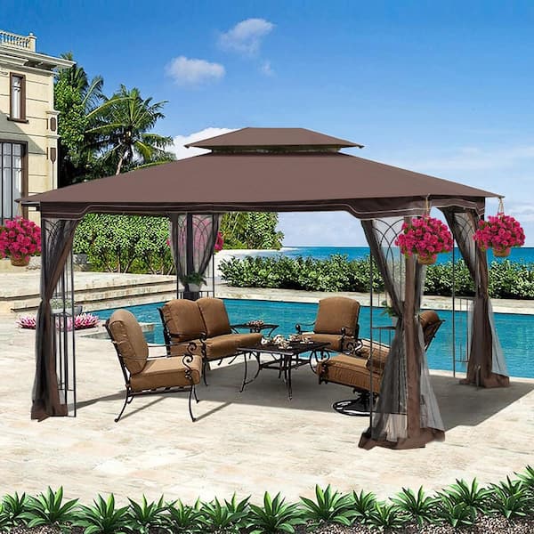 OLUMAT 13 ft. x 10 ft. Brown-1 Outdoor Patio Gazebo Canopy Tent With Ventilated Double Roof and Mosquito Net, Removable Mesh