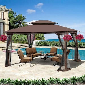 13 ft. x 10 ft. Brown Outdoor Patio Gazebo Canopy Tent With Ventilated Double Roof and Mosquito Net