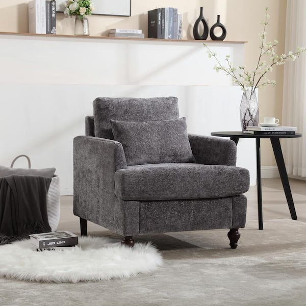 JUJABU Gray Chenille Wood Frame Armchair with Studded for Living Room