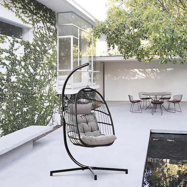 Cesicia Outdoor Aluminium Patio Swing Chair with Gray Cushions and Stand