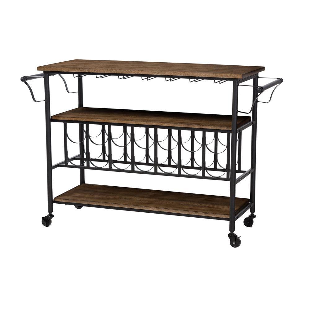Antique Black & Weathered Oak Mobile Bar Cart with Wine Rack and Storage