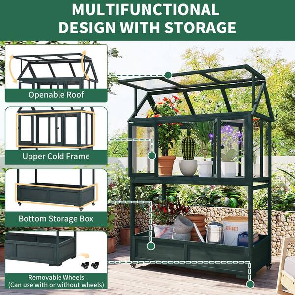 プレーヤー GREENHOUSE Garden Wood Portable Cold Frame with Movable Wheels Mini