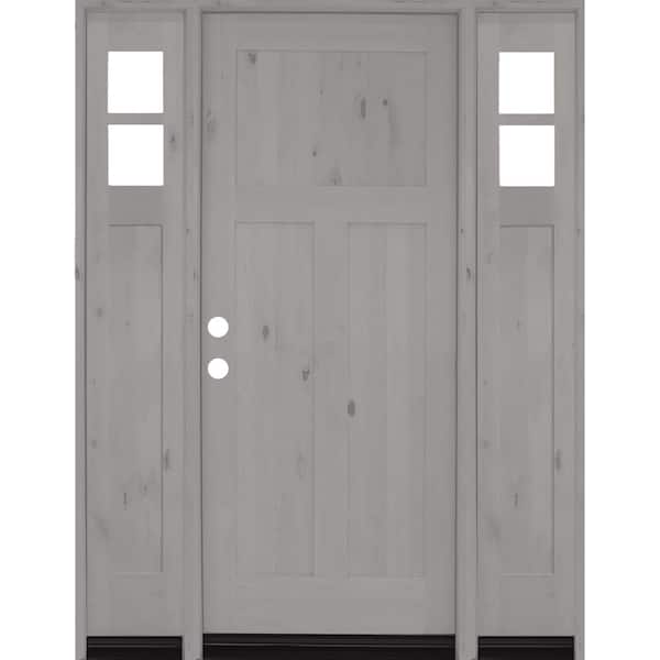 60 in. x 80 in. Knotty Alder 3 Panel Right-Hand/Inswing Clear Glass Grey Stain Wood Prehung Front Door with Sidelites