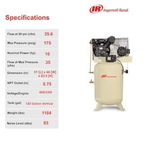 Type 30 Reciprocating 120 Gal. 10 HP Electric 460-Volt 3 Phase Air Compressor