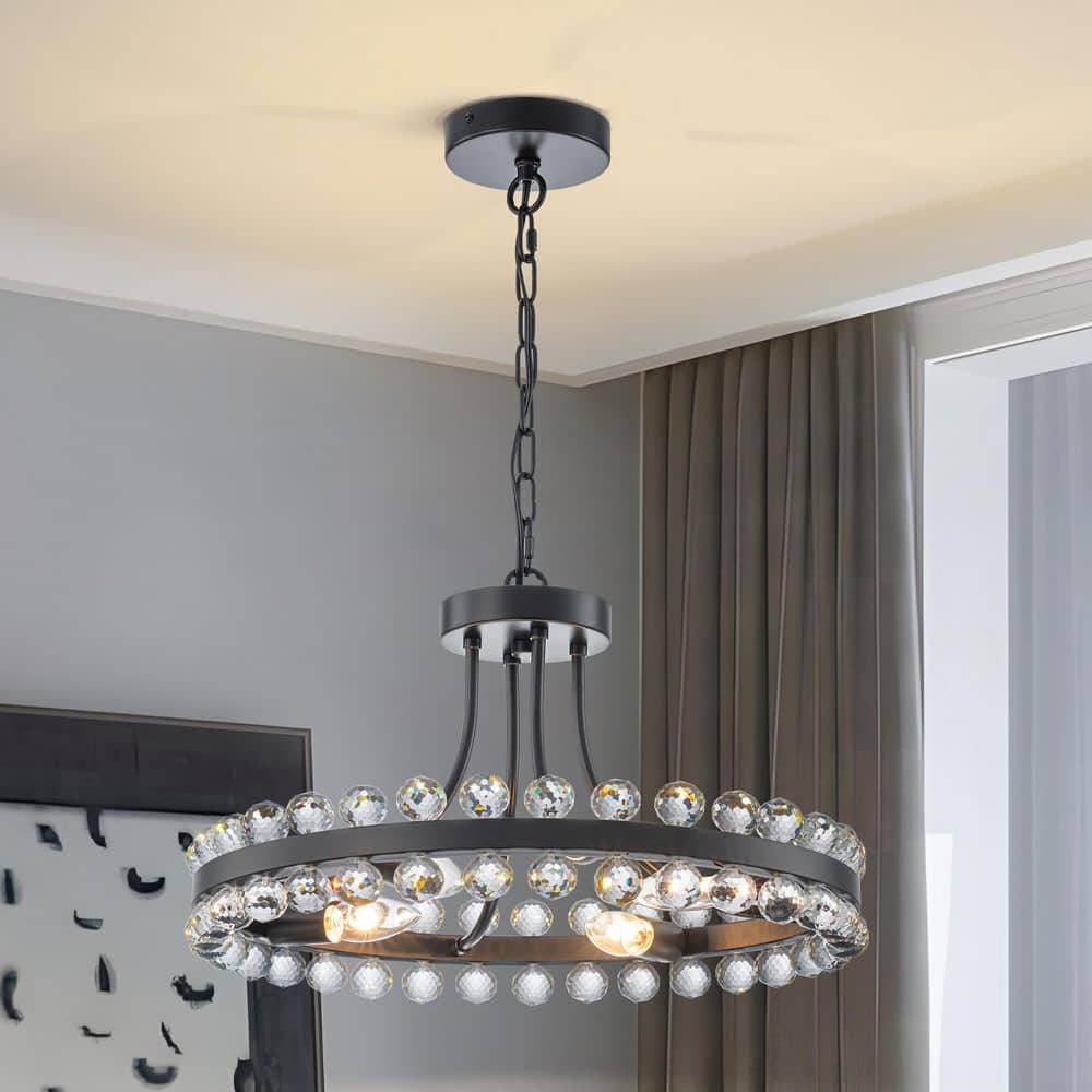 Modern 4-Light Black Crystal Chandelier with Round Frame, E12 Socket Ceiling Light for Dining Room, Foyer or Bedroom price history on PriceWatchPro