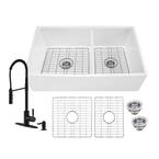All-In-One Fireclay 33 in. 60/40 Double Bowl Farmhouse Apron Front Kitchen Sink with Pull Down Faucet in Matte Black
