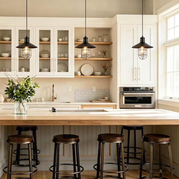 Modern Industrial 1-Light Black Pendant with 10.2 in. W Clear Glass Shade Metal Wire Cage Shade Barn Ceiling Chandelier