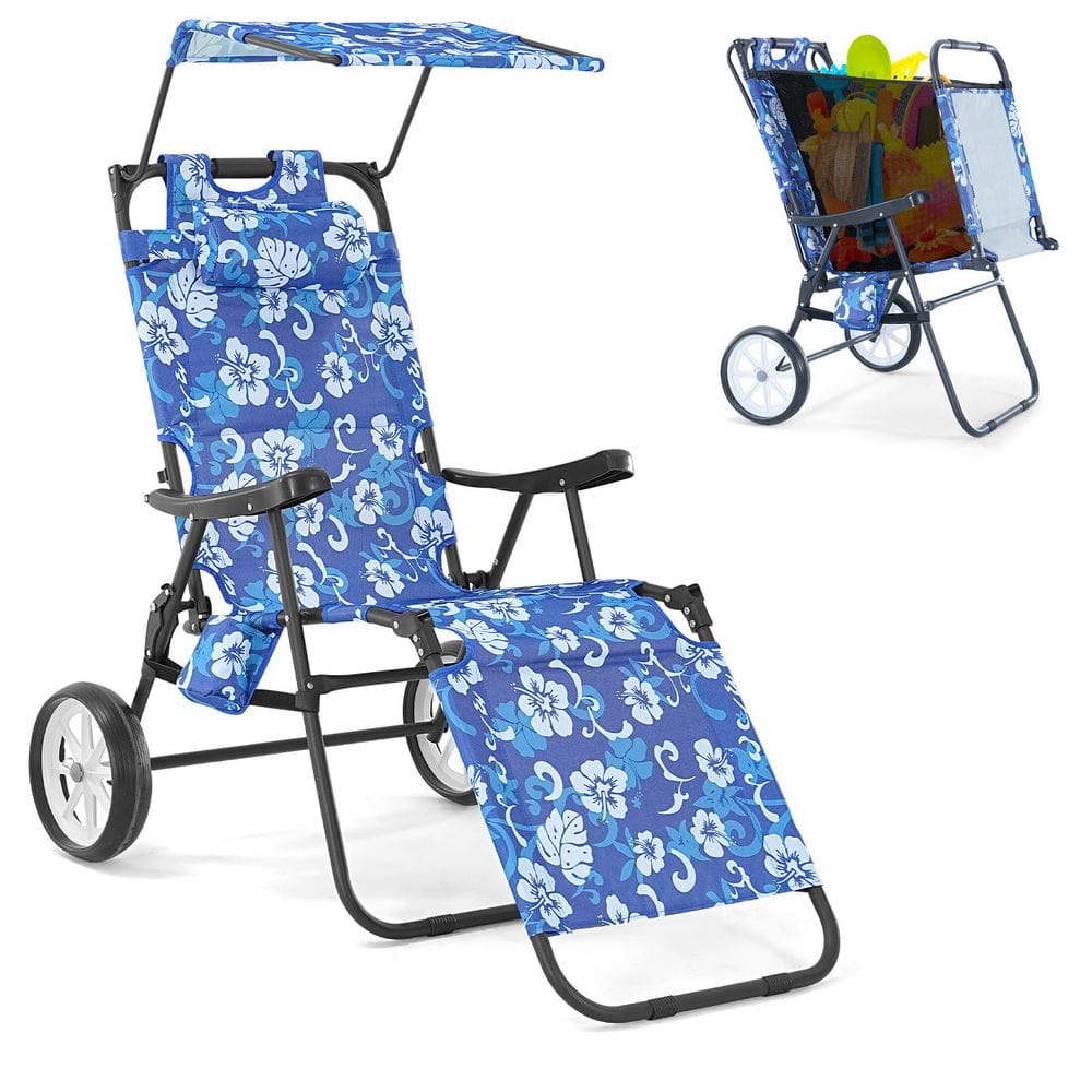 Blue floral 2-in-1 beach chair lounger with canopy and wheels, shown in chair and cart configurations.