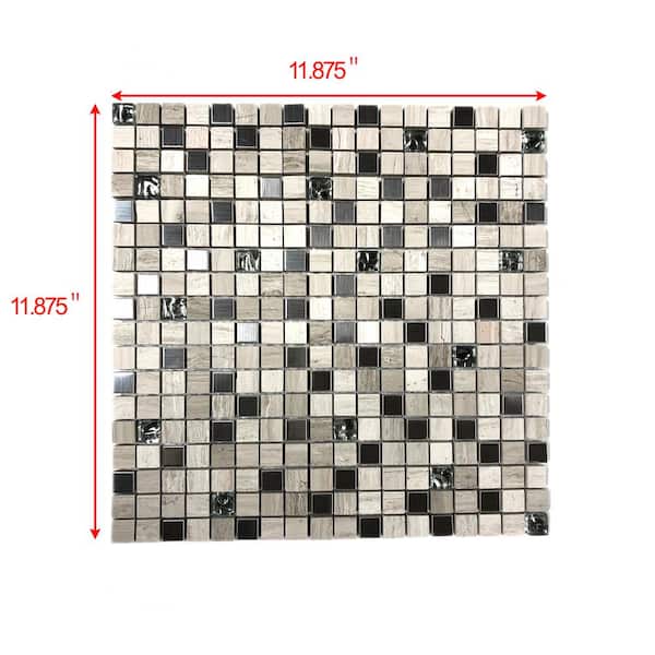 ABOLOS Classic Design Multifinish Silver & Beige 12 in. x 12 in. Square Mosaic Glass Metal & Stone Wall Tile (1 Sq. Ft./Piece)