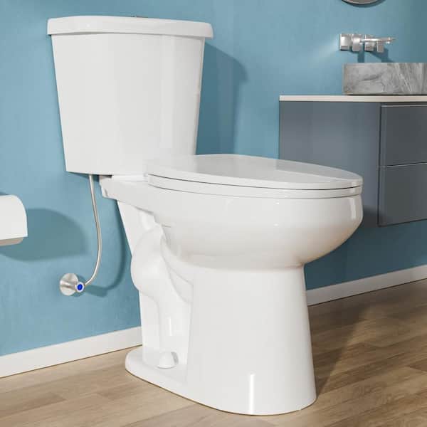 19 in Tall Height Elongated Bowl Dual Flush Toilet 1.1/1.6 GPF in White 2 Piece with Soft Close Seat Easy Installation