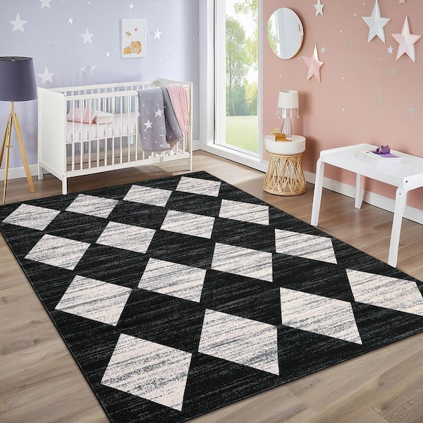Modern Geometric Diamond Soft Non-slip Thin Washable Foldable Bedroom Laundry Home Decor Blalck 9 ft. x 12 ft. Area Rug