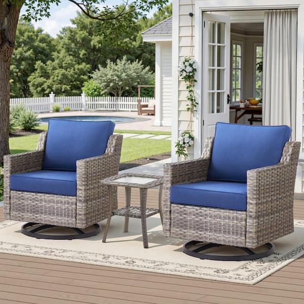 New Kalixx 3-Pcs Gray Wicker Outdoor Rocking Chair Patio Conversation Set Swivel Chairs with Blue Cushions and Table
