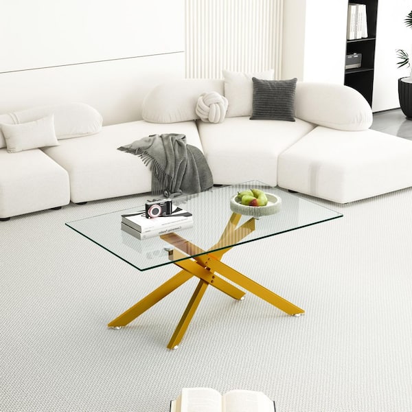 39.37 in. Rectangle Clear Tempered Glass Coffee Table with Golden Metal Legs, Modern Living Room Furniture