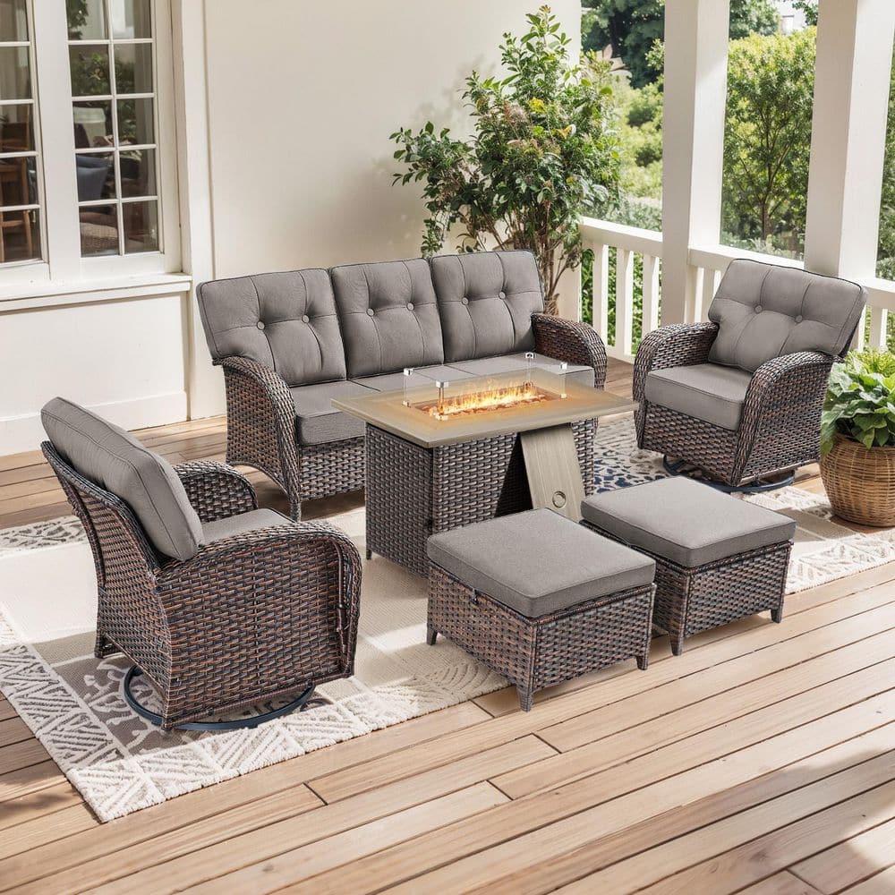 T-Frame 6-Piece Brown Wicker Fire Pit Conversation Set with 5 in. Gray Cushions Patio Swivel Chair for poolside/balcony price history on PriceWatchPro