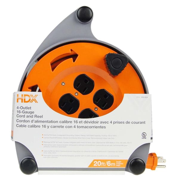 HDX 20 ft. 16/3 Retractable Extension Cord Reel with 4-Outlets CR-002 - The Home  Depot