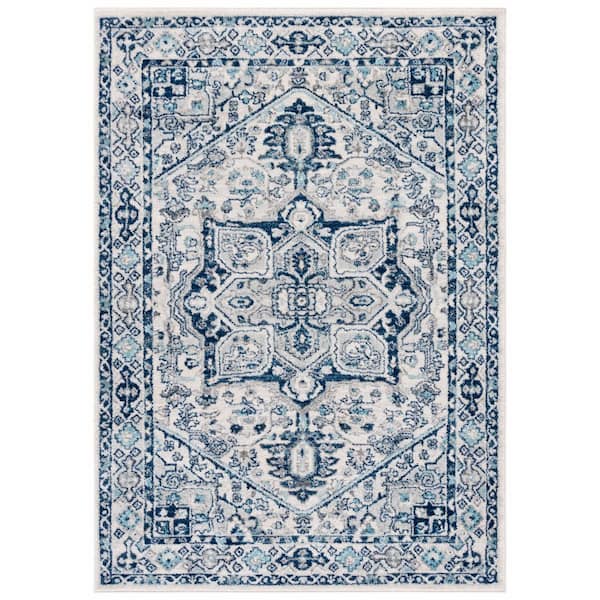 Tulum 9 ft. x 12 ft. Ivory/Blue Medallion Ornate Border Area Rug