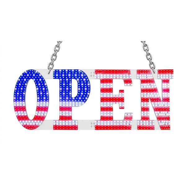 Plug In Electric LED Open Sign American Flag 12 Scene Modes Adjustable Brightness for Storefront Window Door