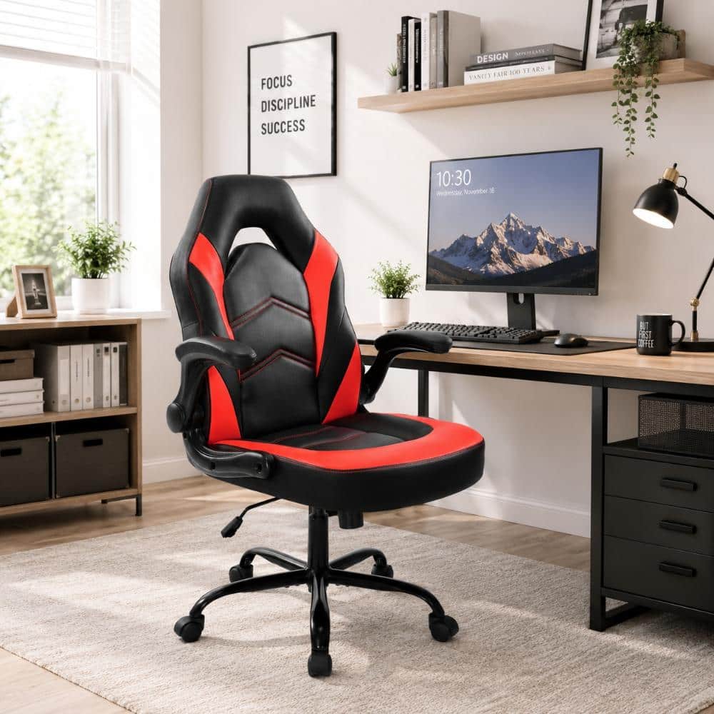 PU Leather Adjustable Height Ergonomic Computer Desk Gaming Chair in Black Red with Flip-up Armrest for Adults, Kids