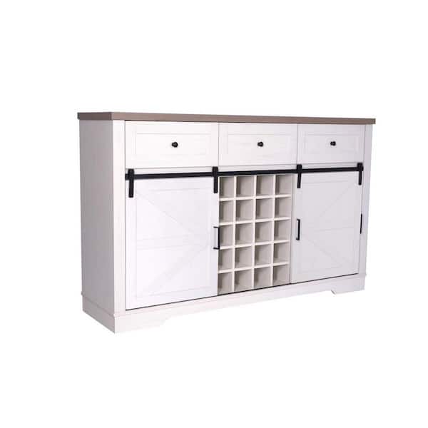 20-Bottle Wine Bar Cabinet, Kitchen Buffet Sideboard with Sliding Barn Door, Adjust Shelves and 3 Drawers, Antique White