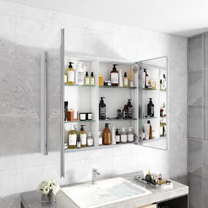 30 in. W x 26 in. H Rectangular Silver Aluminum Recessed/Surface Mount Medicine Cabinet with Mirror, Adjustable Shelves