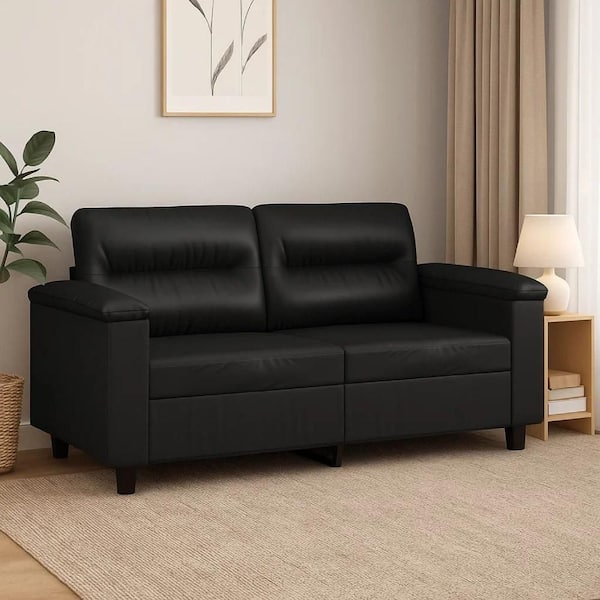 20 in. Pillow Top Arm Faux Leather Rectangle Tufted Cushions Sofa Black